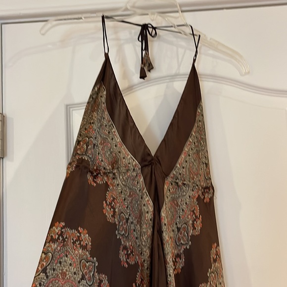 Satin handkerchief dress.  Brown with paisley print.  Never worn - Picture 2 of 6